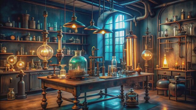 Interior retro fantasy science lab with glowing test tubes, vintage equipment, and steampunk accents, retro