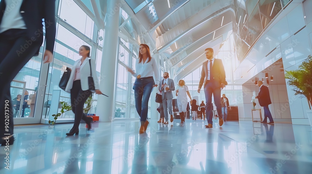 Aufkleber business people walking in the corridor of an business center pronounced motion blur crowded bright modern light office movement defocused office background busy talking and rushing in : Generative AI