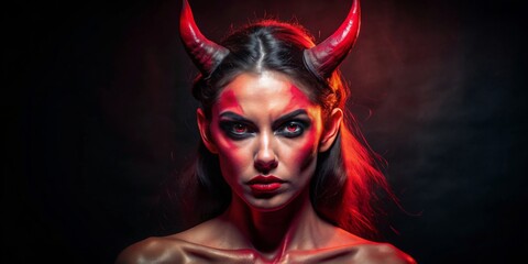 Devil woman with red horns standing in the shadows, demon, horns, evil, female, dark, spooky, Halloween, seductive