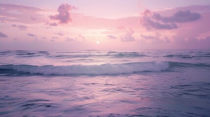 Fototapeta premium Beautiful Serene Ocean Sunrise over a calm ocean with a soft pink and purple sky Gentle Waves and Calm Horizon Tranquil and Peaceful Nature Scenes Beach and Relaxation Concepts : Generative AI