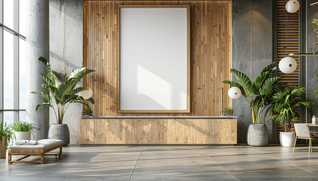 Sleek hotel loby with open layout with empty frame