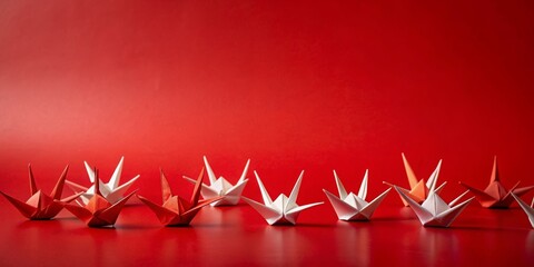 Origami cranes on a vibrant red background, paper cranes, Japanese art, traditional crafts, origami, colorful