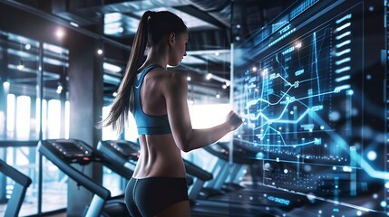 Image of data processing over caucasian woman on treadmill exercising in gym Global sports science computing digital interface and data processing concept digitally generated image : Generative AI