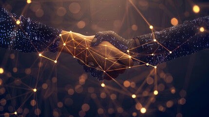 professional handshake with a digital network overlay represents connectivity, ideal for an abstract, wallpaper, or background concept