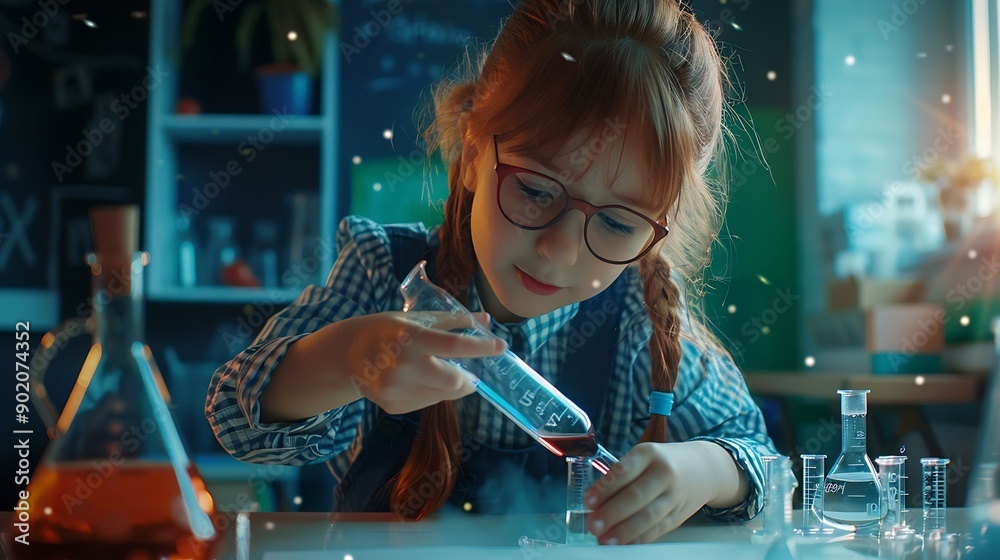 Poster girl classroom and science beaker for learning education and test with smart or intelligent child st