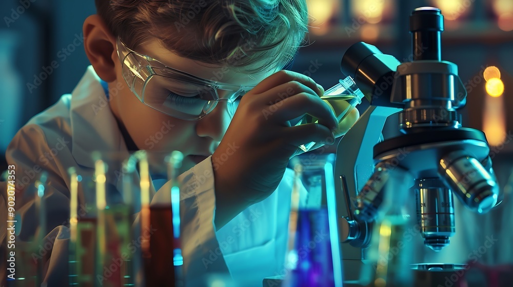 Fototapete little scientist looking through a microscope and test tubes filled with chemicals for learning about science and experiments : Generative AI
