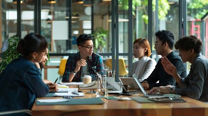 Obraz premium Office expert and business people in meeting teamwork and planning with feedback for funding proposal Accounting broker and employees with conversation review finances and trading with : Generative AI