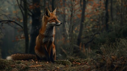 Fototapeta premium A young red fox sits attentively in the woods its ears perked up as it observes its surroundings : Generative AI