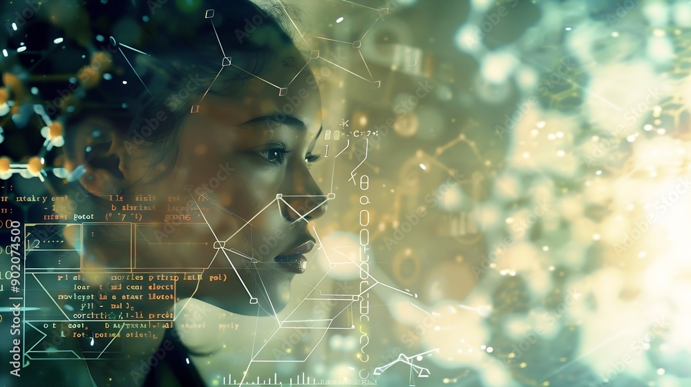 Aufkleber Image of data processing and chemical formula over biracial schoolgirl global science data processing and digital interface concept digitally generated image : Generative AI