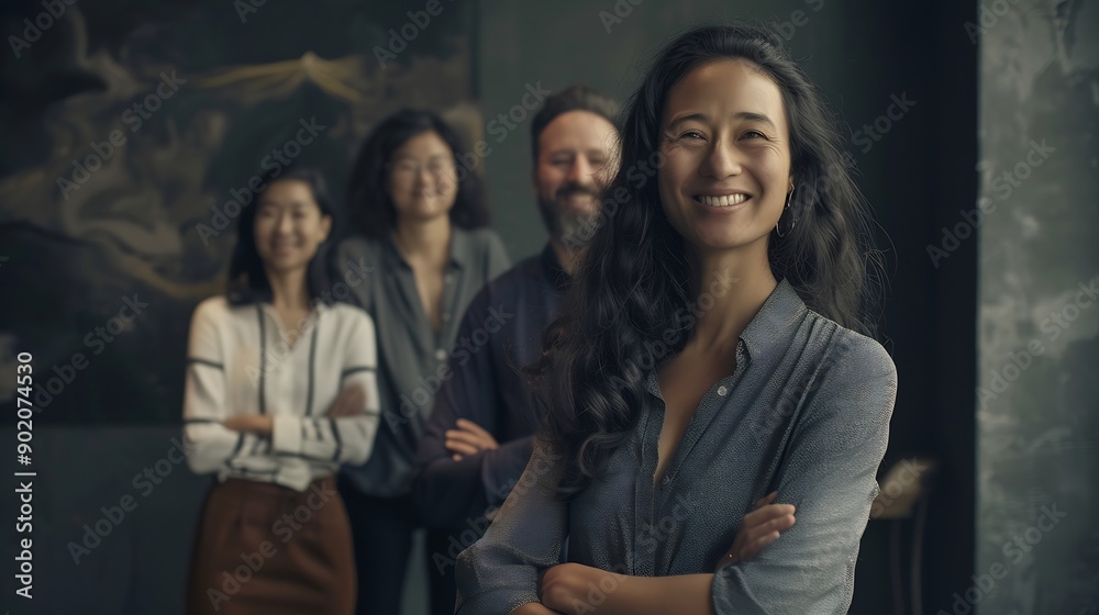 Aufkleber arms crossed smile and portrait of employee group and creativity of writer female leader and startup