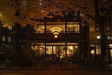 Modern house with glowing Wi Fi symbol in a serene landscape highlighting advanced smart home technology