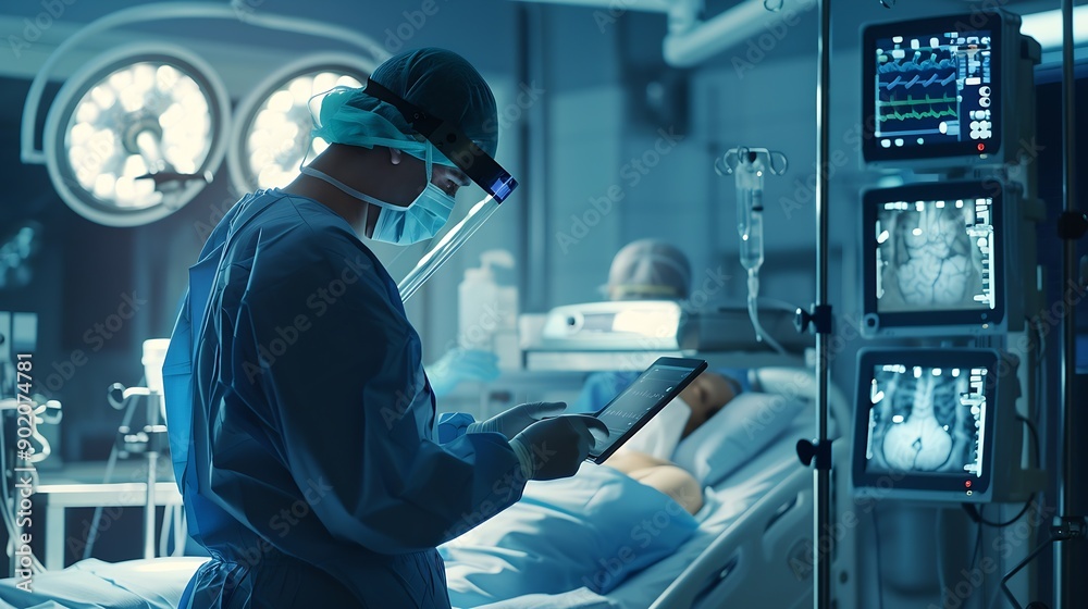 Poster Doctor Utilizing Advanced Digital Tablet Technology in Modern Healthcare Medical Professional in Operating Room Analyzing RealTime Patient Data CuttingEdge Medical Innovations and solu : Generative AI