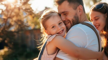 Fototapeta premium Family smile and child hug outdoor with bonding care or support for security trust at home backyard in summer Woman man and girl for embrace moment love and sunshine vacation of childh : Generative AI