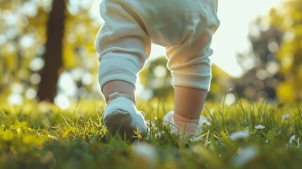 A baby is taking the first steps in a park Child toddler happy family step concept Baby steps on the grass in nature Baby taking first steps on grass park lifestyle family motherhood c : Generative AI