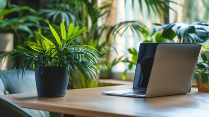 Fototapeta premium Background image of cozy workplace interior with open laptop on table in foreground and green plants in spacious light office copy space : Generative AI