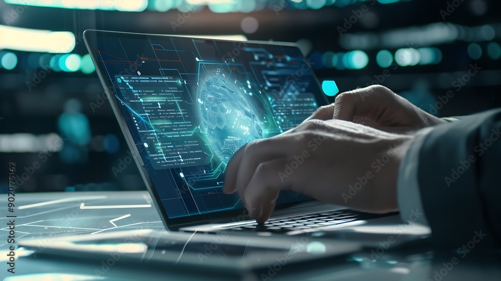 Poster AI technology Artificial Intelligence concept Businessman using the laptop AI Application technology management personal Business data education Banking Futuristic technology transform : Generative AI
