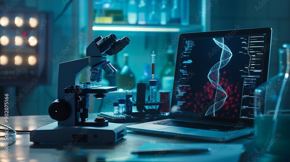 Aufkleber science microscope and laptop in lab with research for sample analysis medical experiment or dna tes