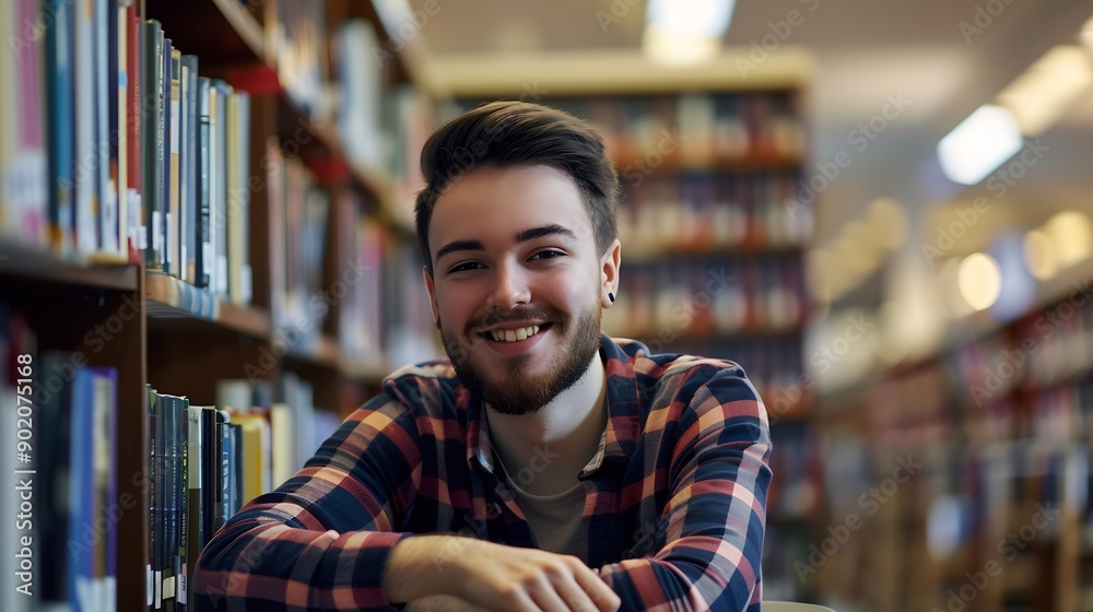 Poster Student man and happy with portrait in library for writing scholarship and studying for exam knowledge Gen z person and smile for learning education and research notes for university a : Generative AI