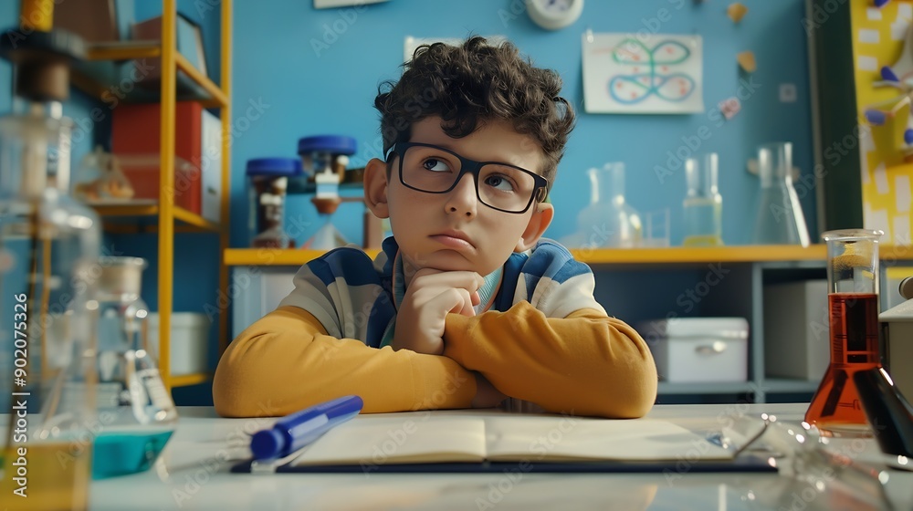 Aufkleber portrait science and writing with boy student in laboratory for education experiment or research gla