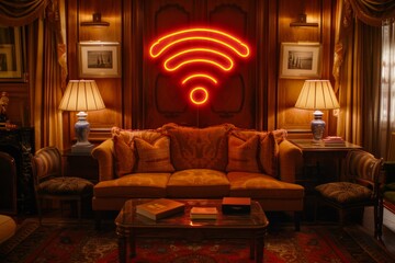 Ornate living room with red neon Wi Fi symbol blending traditional elegance with modern technology