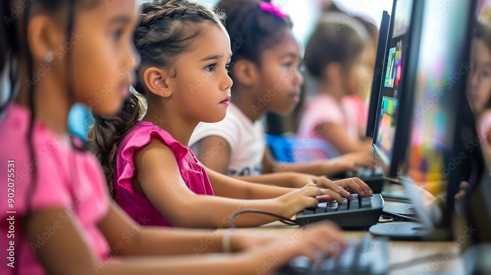 Poster elementary school children learning basic computer knowledge teacher educating smart diverse kids in
