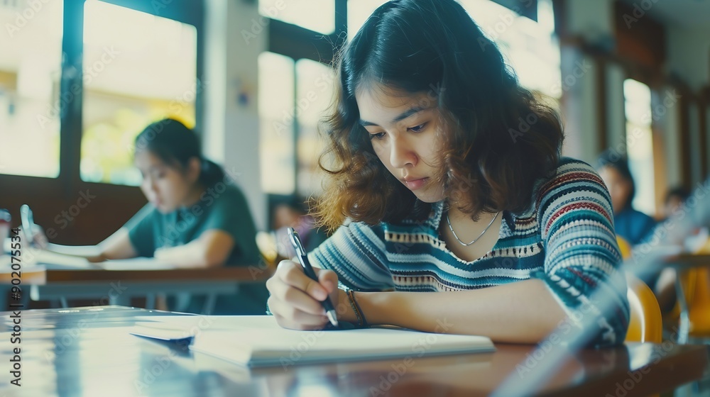 Aufkleber woman students and writing with test in classroom for exam study or assignment at university female 