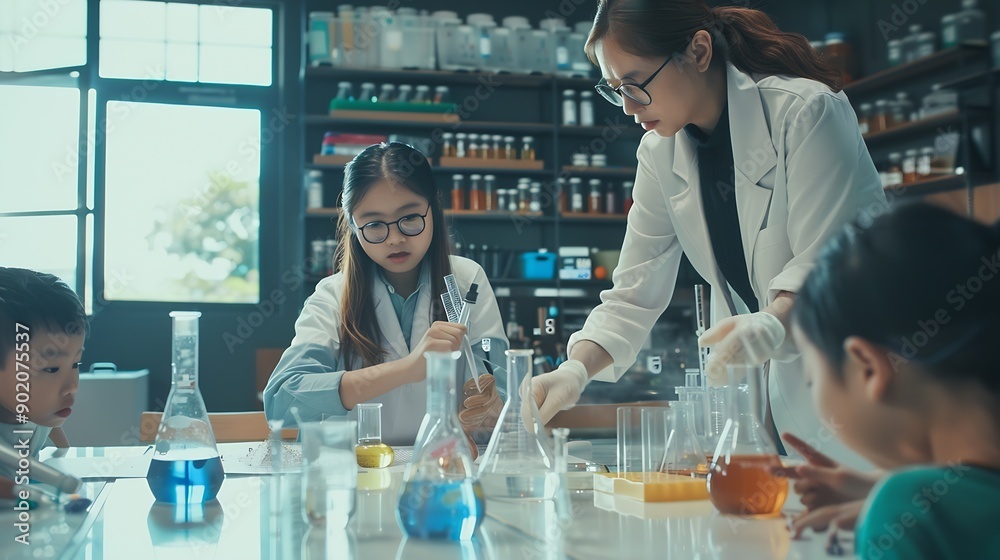 Aufkleber Education learning or science with teacher and students at table in laboratory for experiment or reaction Classroom school or study with woman scientist and children at academy for dev : Generative AI