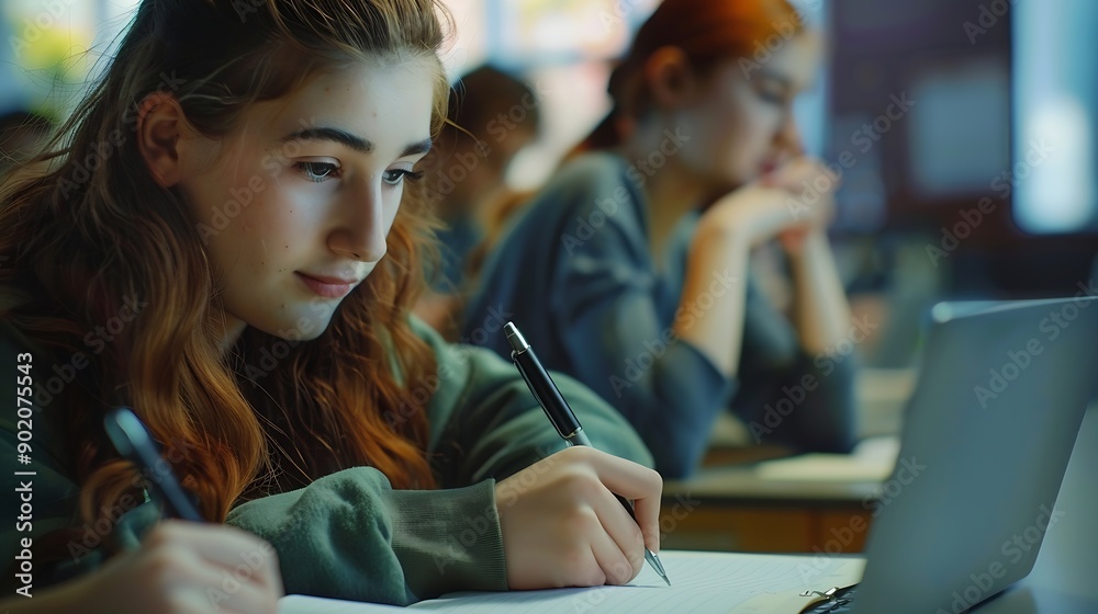 Poster student laptop and portrait in classroom writing notes for college course test and campus work femal