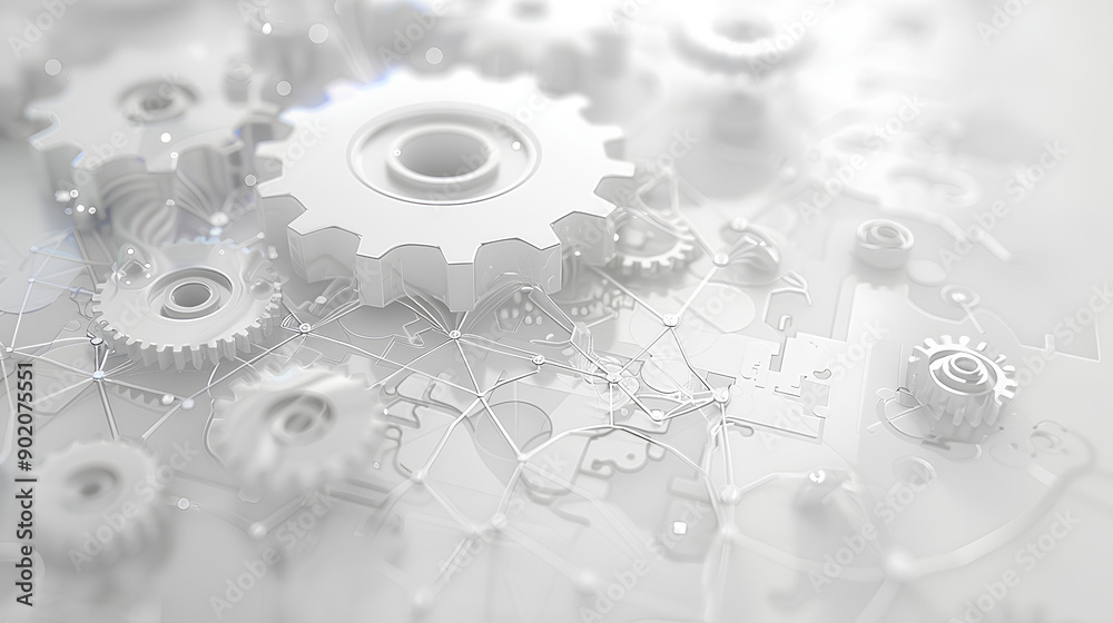 Wall mural abstract background with gears and technology elements in gray color on white background, digital te