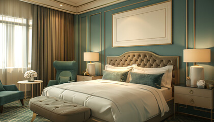 Sleek hotel room with open layout with empty frame