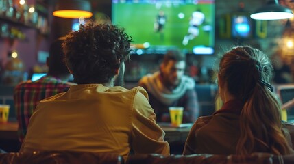 Obraz premium Young People Watching Football on TV in the Bar Friends watches football on TV in a sport bar Rear View of Friends Watching Game in Sports Bar on Screens EnrouteFrance : Generative AI