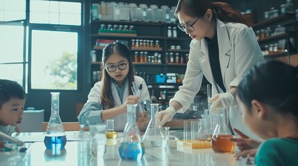 Education learning or science with teacher and students at table in laboratory for experiment or reaction Classroom school or study with woman scientist and children at academy for dev : Generative AI