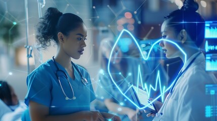 Image of heart rate monitor over diverse female doctor and healthworker discussing at hospital Medical healthcare and research science technology concept : Generative AI