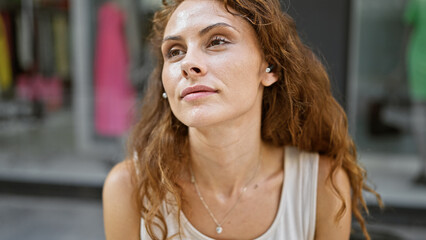 Fototapeta premium Young caucasian woman wearing wireless earphones on a city street, looking thoughtful and confident.