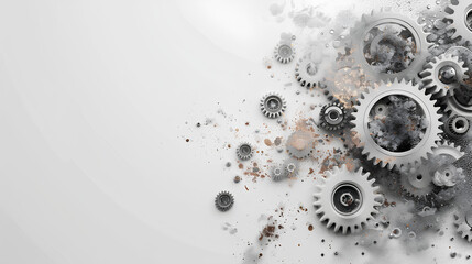 Abstract background with gears and technology elements in gray color on white background, digital tech concept