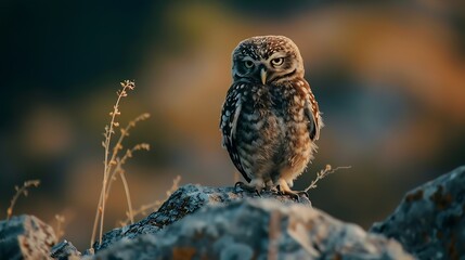 Beautiful little owl in the wild Athene noctua A young owl chick : Generative AI