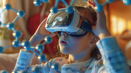 Child Explores Molecular Models with VR Glasses Girl Wearing Reality Headset Interacts with 3D Molecule Immersive STEM Education : Generative AI