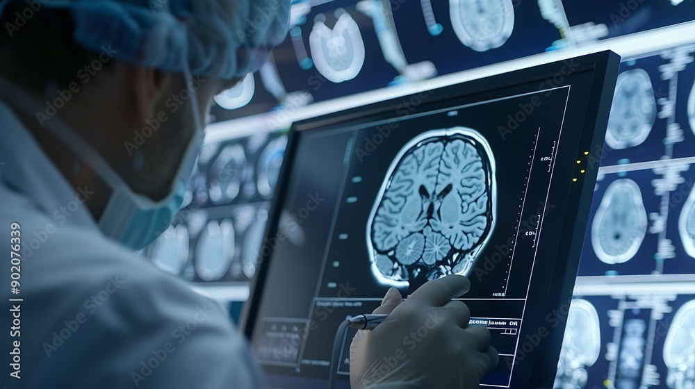 Poster doctor checking brain testing result with innovative medical technology diagnose and examine patient