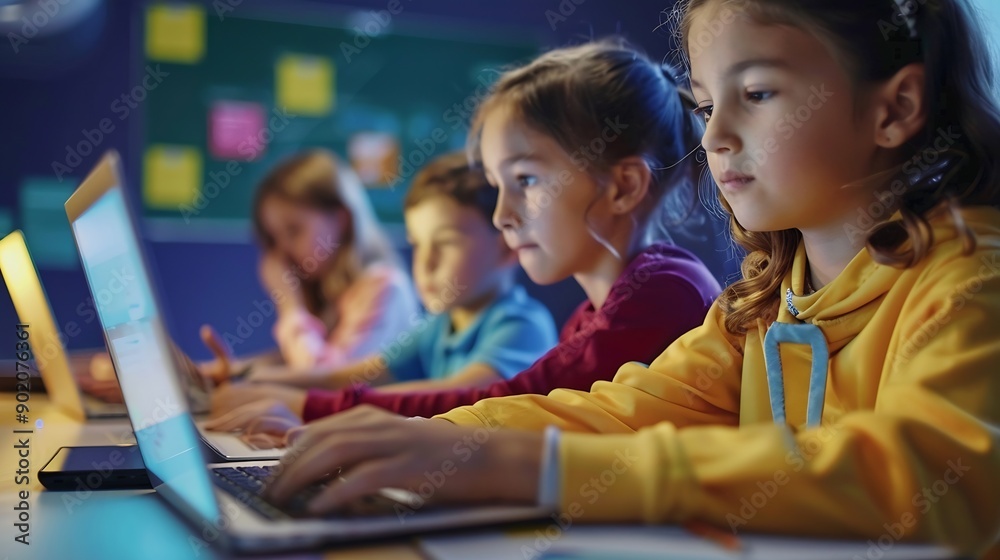 Aufkleber Group of TechSavvy Primary School Children Working on Their Laptop and Tablet Computers in Class Young Female Teacher Educating Kids on Internet Safety Basic Programming Languages and  : Generative AI