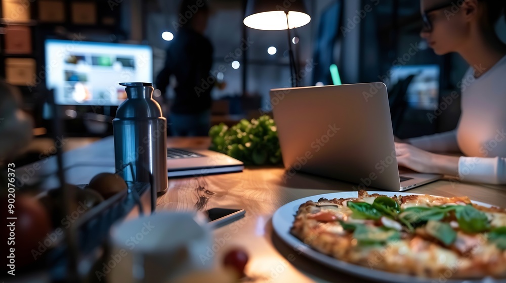 Poster business people laptop and planning for design at night in office creative agency and overtime food 