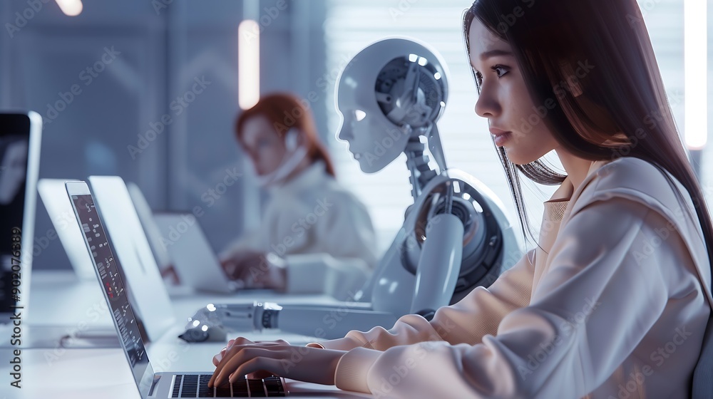 Aufkleber Education technology and AI Artificial Intelligence concept Women use laptops Learn lessons and online webinars successfully in modern digital learning  Courses to develop new skills : Generative AI