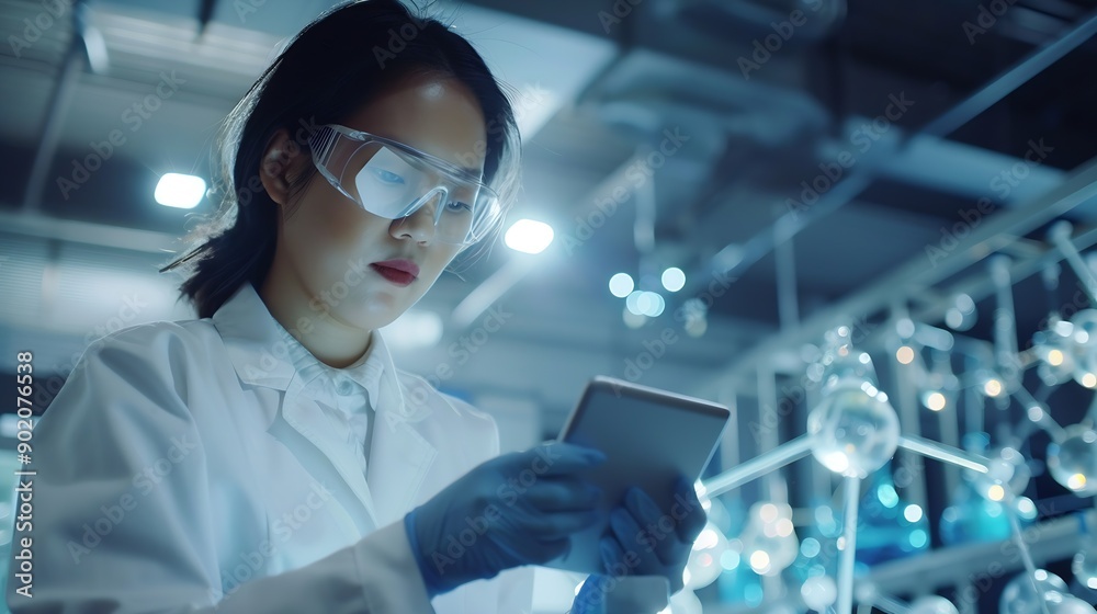Poster Tablet scientist and happy for analysis in laboratory healthcare and reading of online pharmaceutical research Asian expert technology or connection for innovation or information in bi : Generative AI