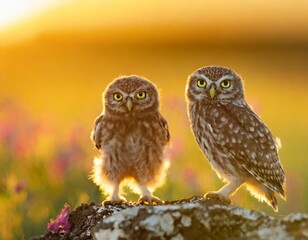 Two little owl Athene noctua on a beautiful background.