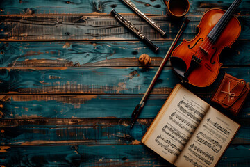 Naklejka premium flatlay featuring a variety of musical instruments arranged artistically on a wooden surface on international music day
