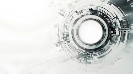 Abstract grey and white technology background with various tech elements, conveying a hi-tech communication concept and innovation. Includes circle empty space for your text 