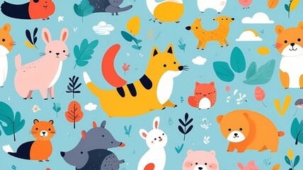 Whimsical forest creatures and elements like cats, birds, foxes, a deer, a sheep, a mushroom, flowers, leaves, and trees. Ideal for naturethemed designs and illustrations.