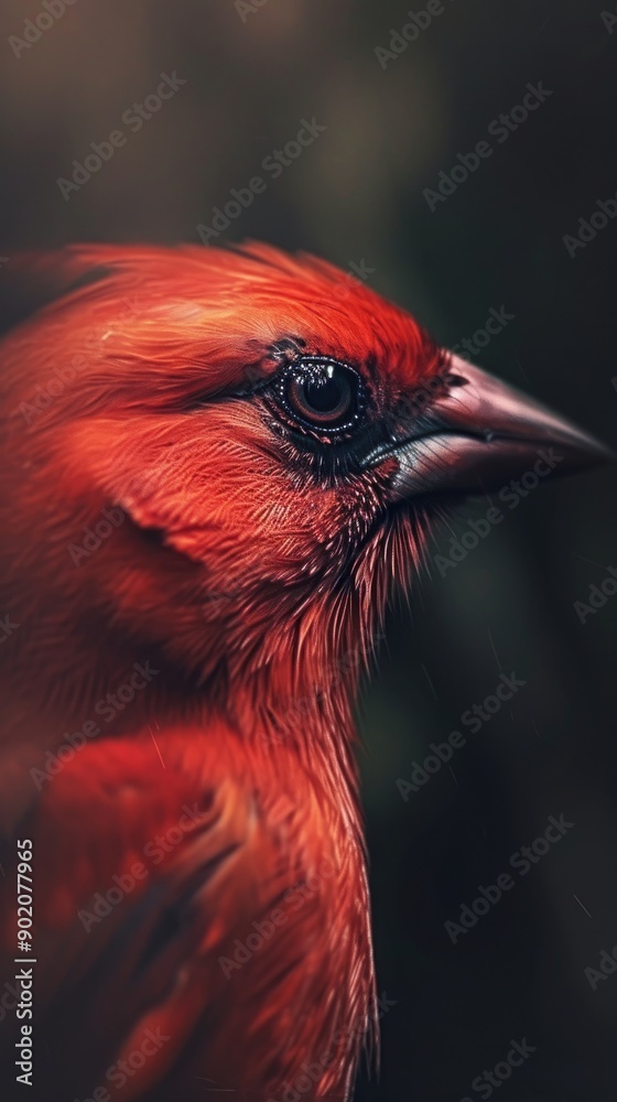 Poster close-up of a vibrant red bird with detailed feathers in soft natural light