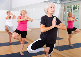 Obraz premium Group of three aged women standing in tree pose in fitness room.