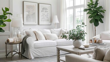 Serene White Living Room: Minimalist Design with Fiddle Leaf Fig, White Sofa, and Botanical Prints