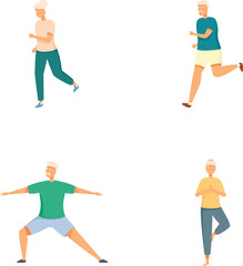 Collection of illustrations showing an active senior man participating in different exercises